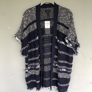 Lucky Brand Boho Fringe Aztec Open Front Cardigan Women M/L Blue Mix Knit Kimono